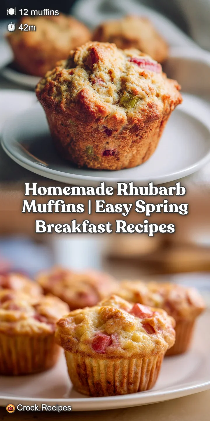 Close-up of a warm rhubarb muffin, revealing a tender crumb studded with vibrant pink fruit pieces.