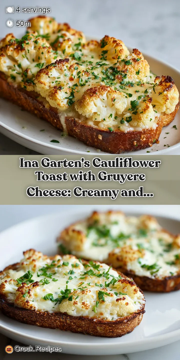 Close-up shows bubbling, melted Gruyere cheese covering tender cauliflower florets atop toasted bread, inviting & delicious.