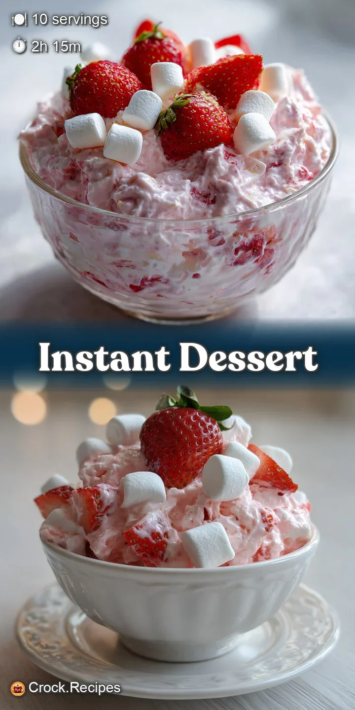 Close-up of creamy pink strawberry dessert salad, dotted with soft mini marshmallows; a light, refreshing, sweet treat.