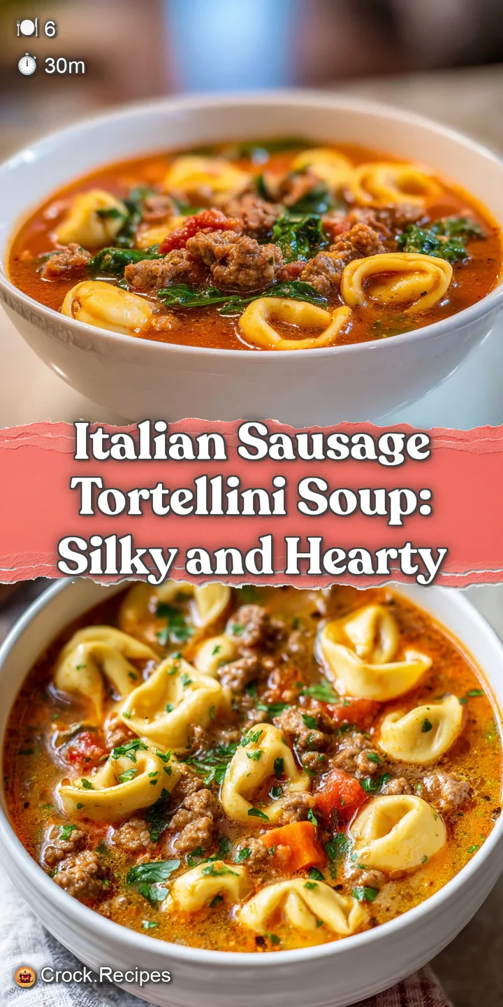 Close-up: plump cheese tortellini, savory Italian sausage, and vibrant green spinach leaves suspended in a rich, creamy to...