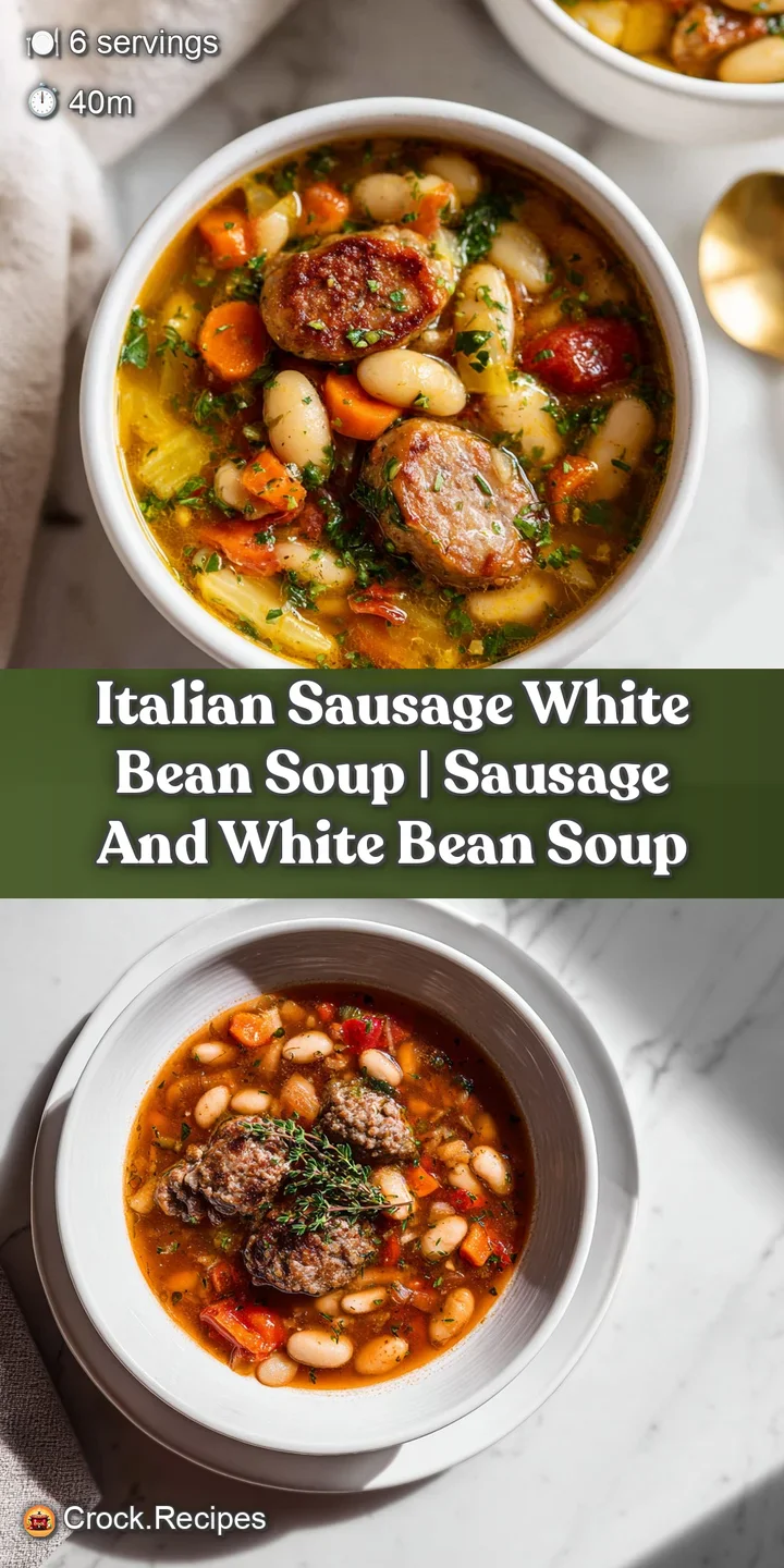 Close-up of rich, savory soup with chunks of browned sausage, tender beans, and wilted spinach, steaming and ready to enjoy.