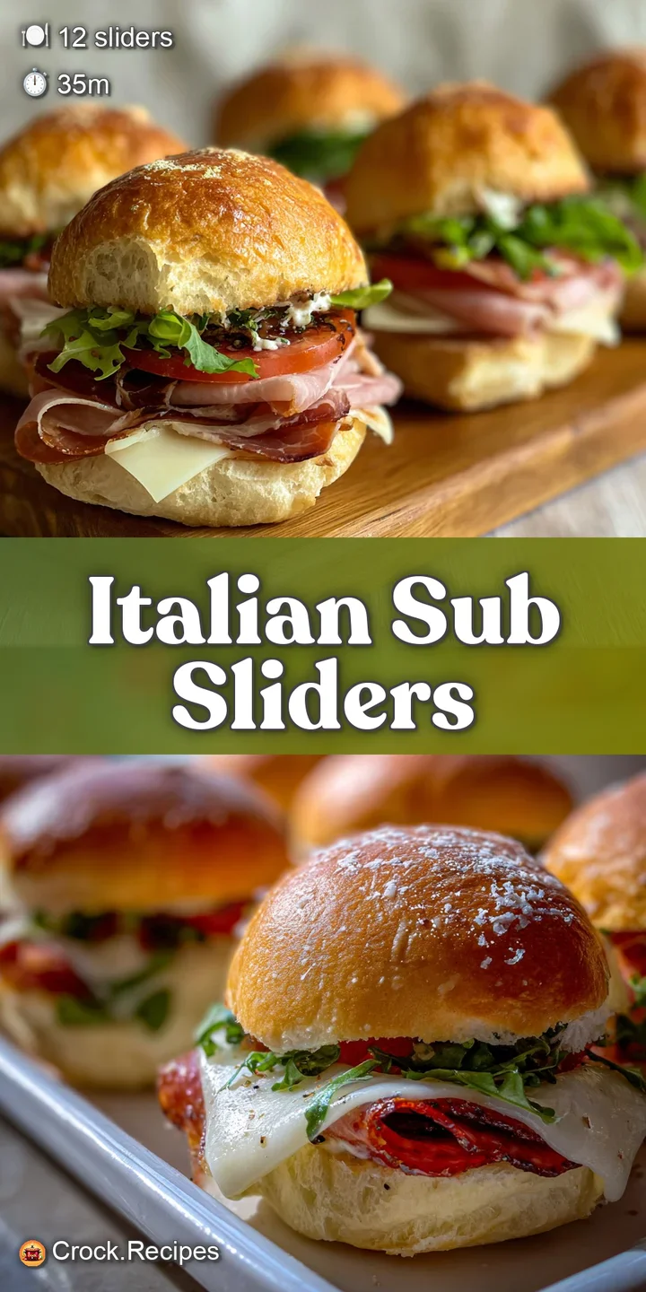 Close-up of a sliced Italian sub slider revealing layers of salami, provolone, and vibrant pickled peppers. A delicious, s...