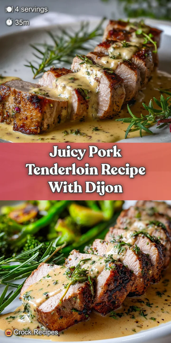 Close-up of glistening pork tenderloin, revealing its juicy interior. The Dijon crust is golden brown and fragrant. Simply...