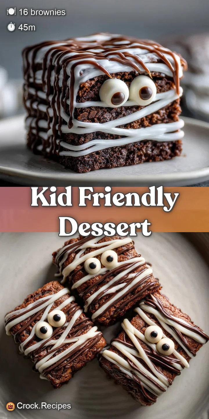 Close-up of a gooey chocolate brownie mummy treat with sweet melted white chocolate wrapping & silly candy eyes.