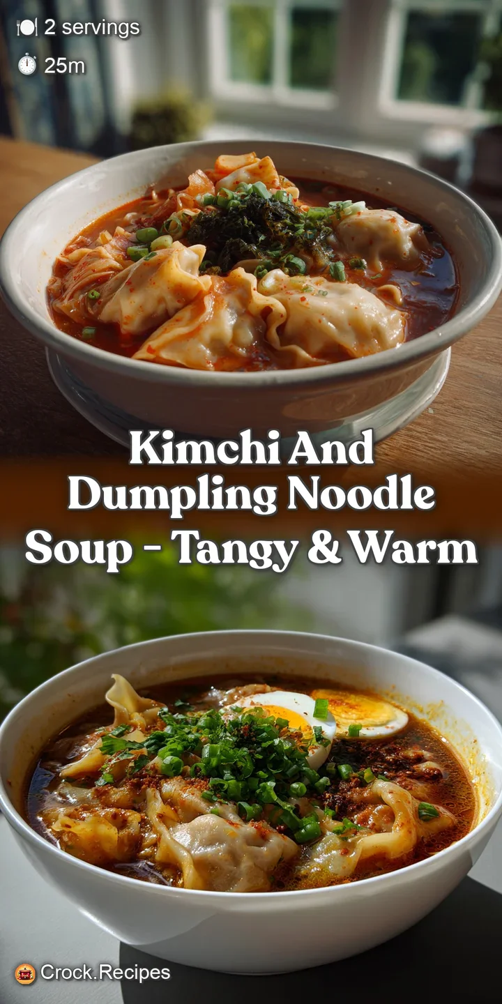 Close-up of a bubbling broth with floating dumplings, showing the deep red kimchi and scattered green herbs, promising a f...