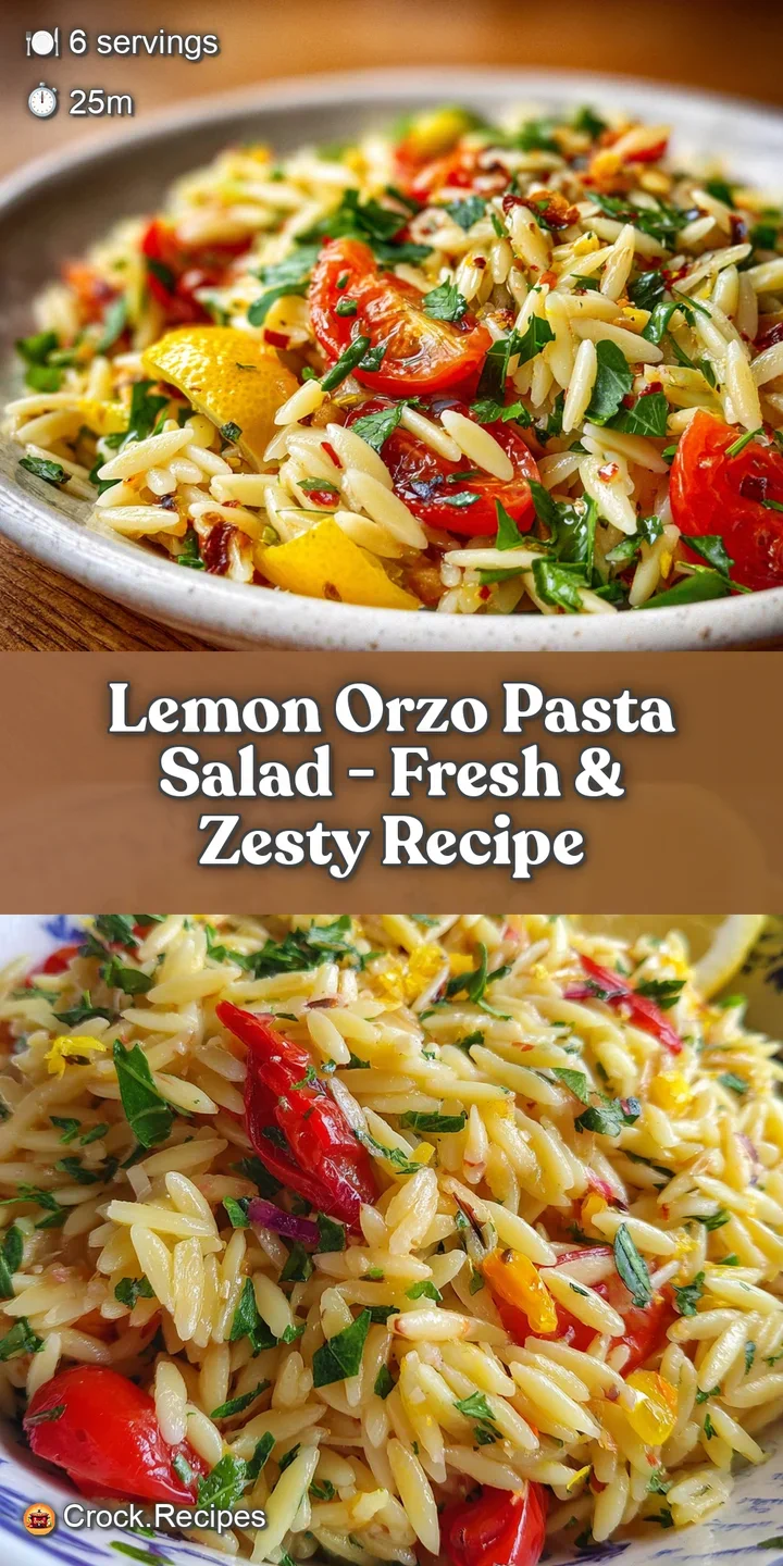 Close-up of lemon orzo salad shows glistening orzo, juicy tomato pieces, and flecks of fresh herbs. Inviting and brightly ...