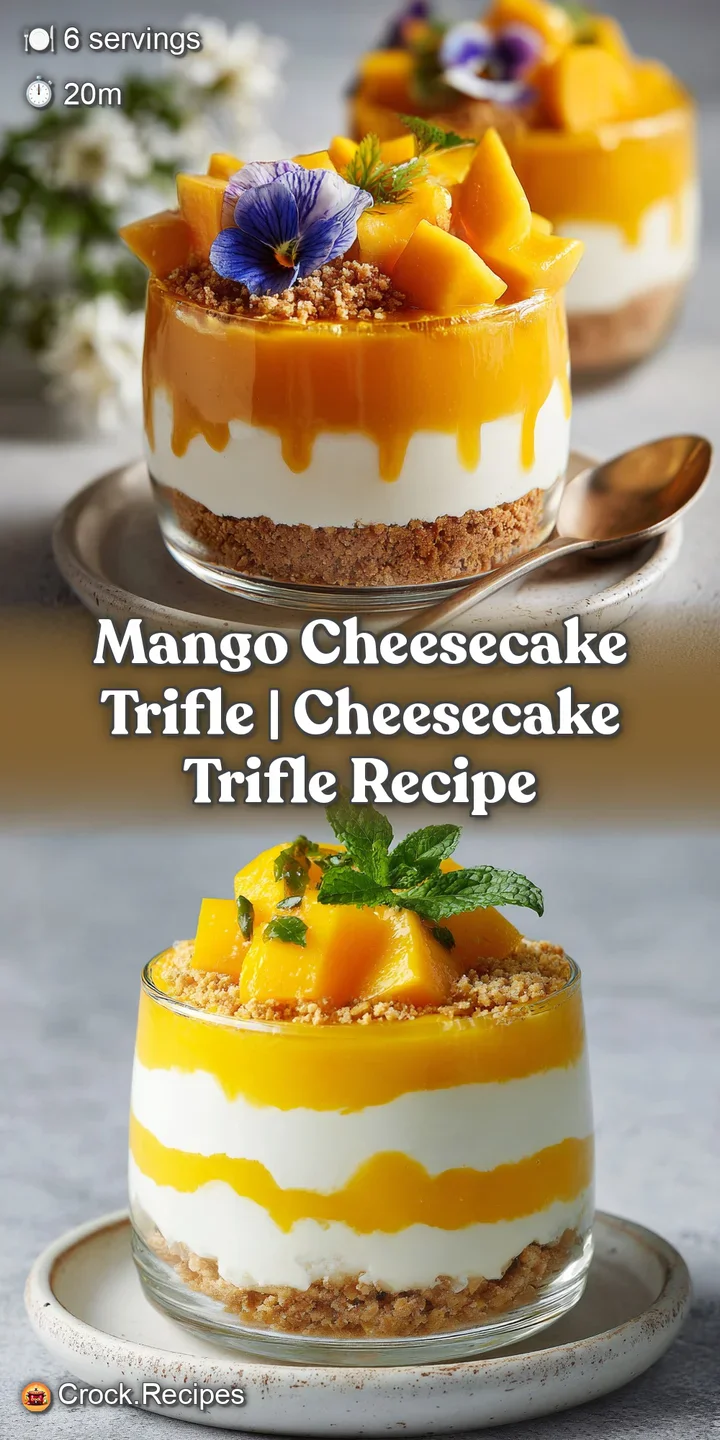 Close-up of mango trifle: juicy mango pieces, smooth cheesecake filling, and buttery crumbles create a tempting no-bake de...