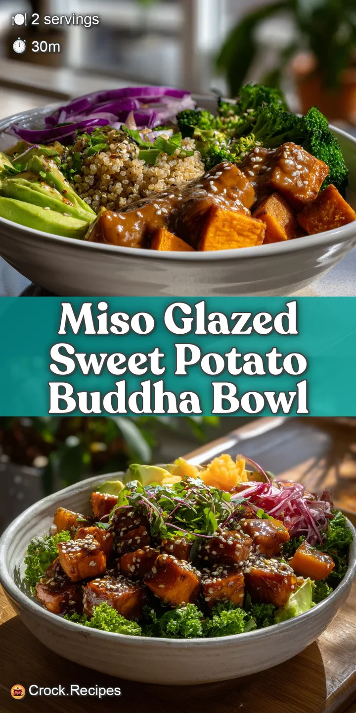 Close-up reveals the glossy, caramelized miso glaze on tender sweet potato, alongside vibrant greens and fluffy quinoa in ...