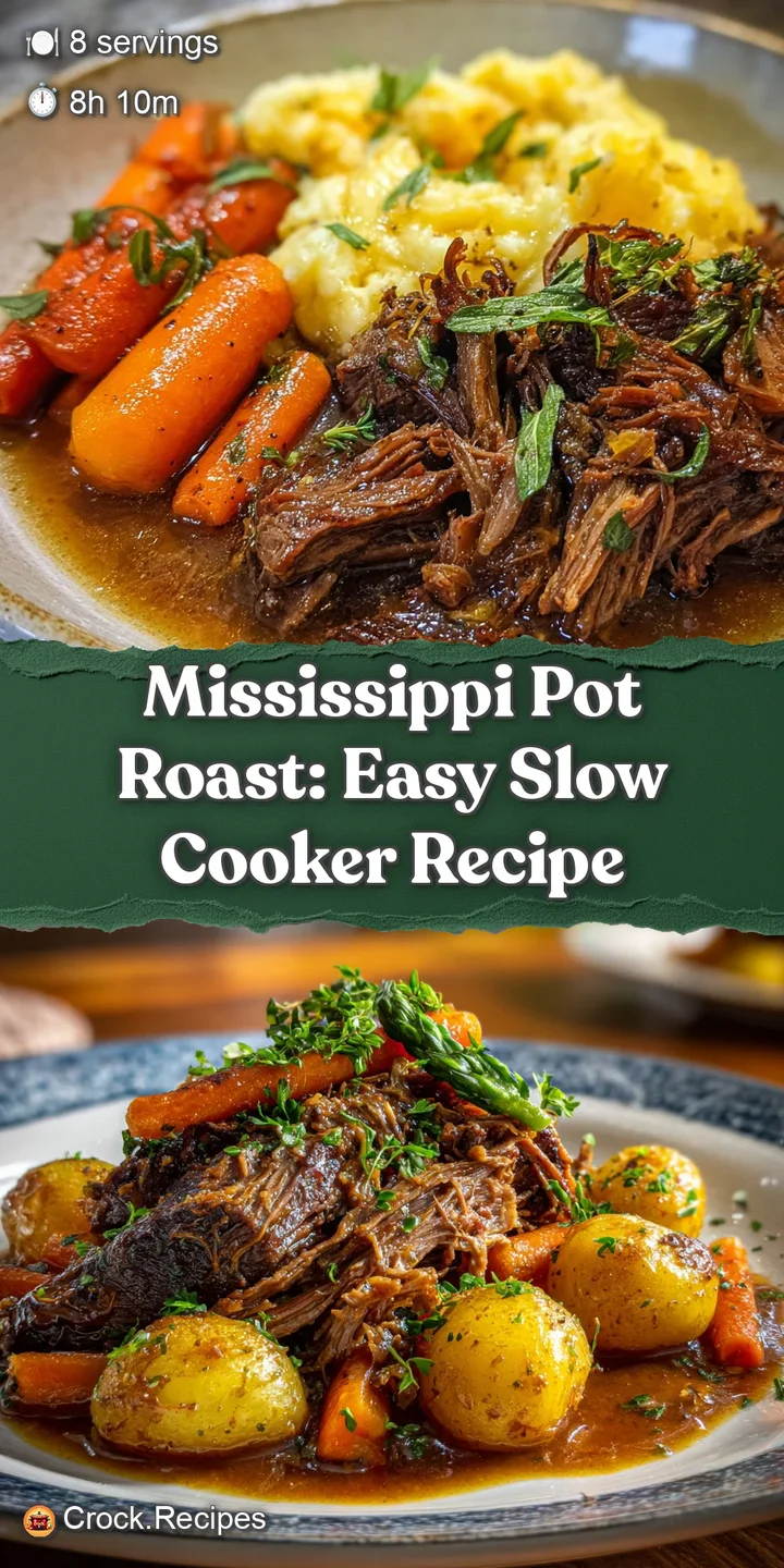 Close-up of juicy, fall-apart pot roast, glistening with savory sauce. Hints of melted butter and cracked black pepper vis...