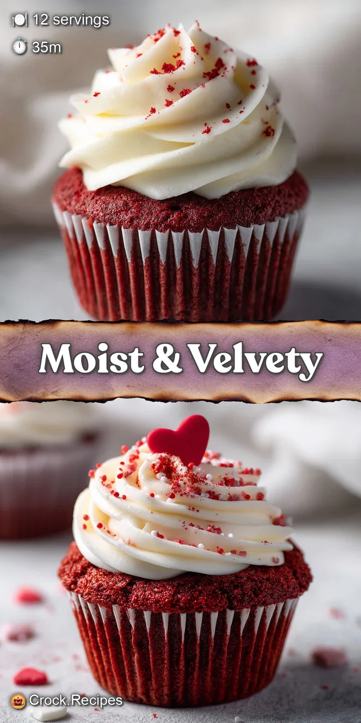 Close-up of a red velvet cupcake. Soft, moist crumb peeks through fluffy white frosting, dusted with playful red sprinkles.