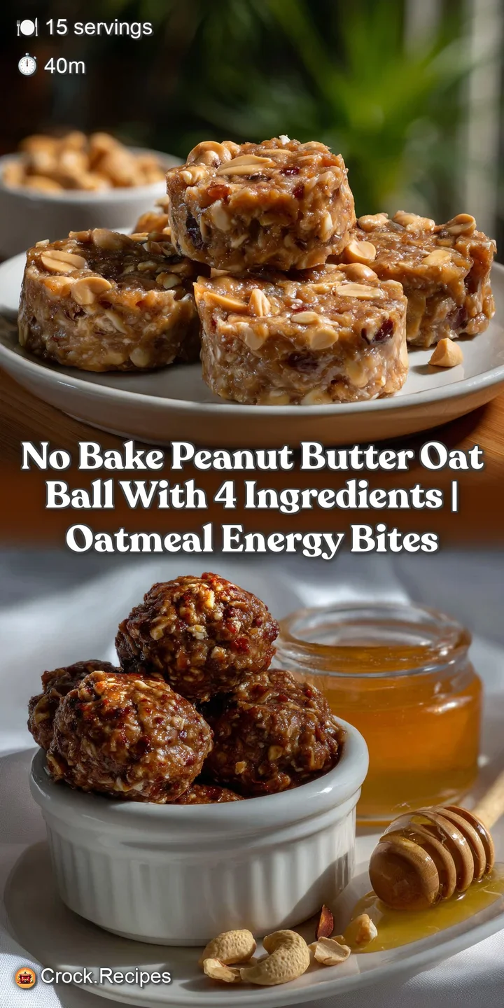Close-up of a single peanut butter oat ball, revealing a moist interior, speckled with oats and peanut pieces, hinting at ...