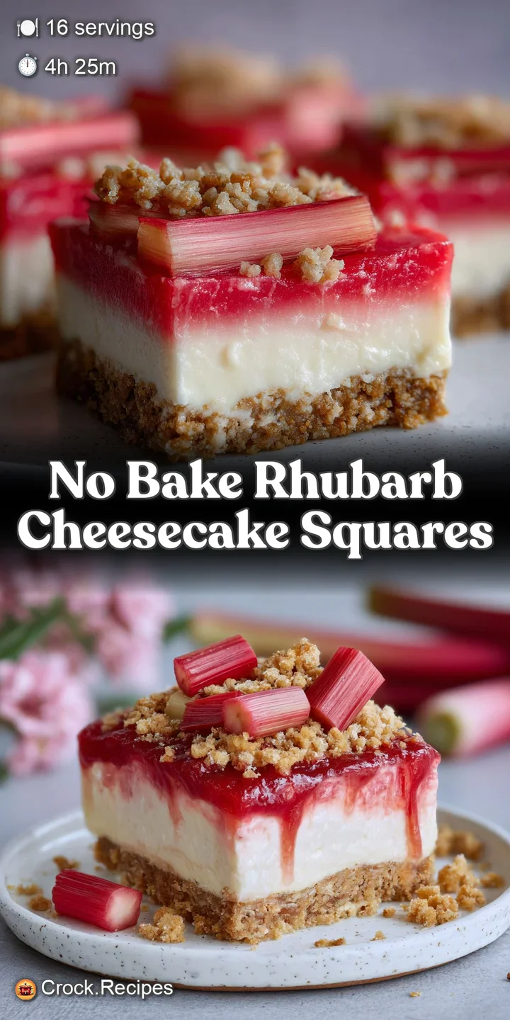 Close-up reveals the creamy texture of rhubarb cheesecake filling, contrasting beautifully with the tart rhubarb compote s...