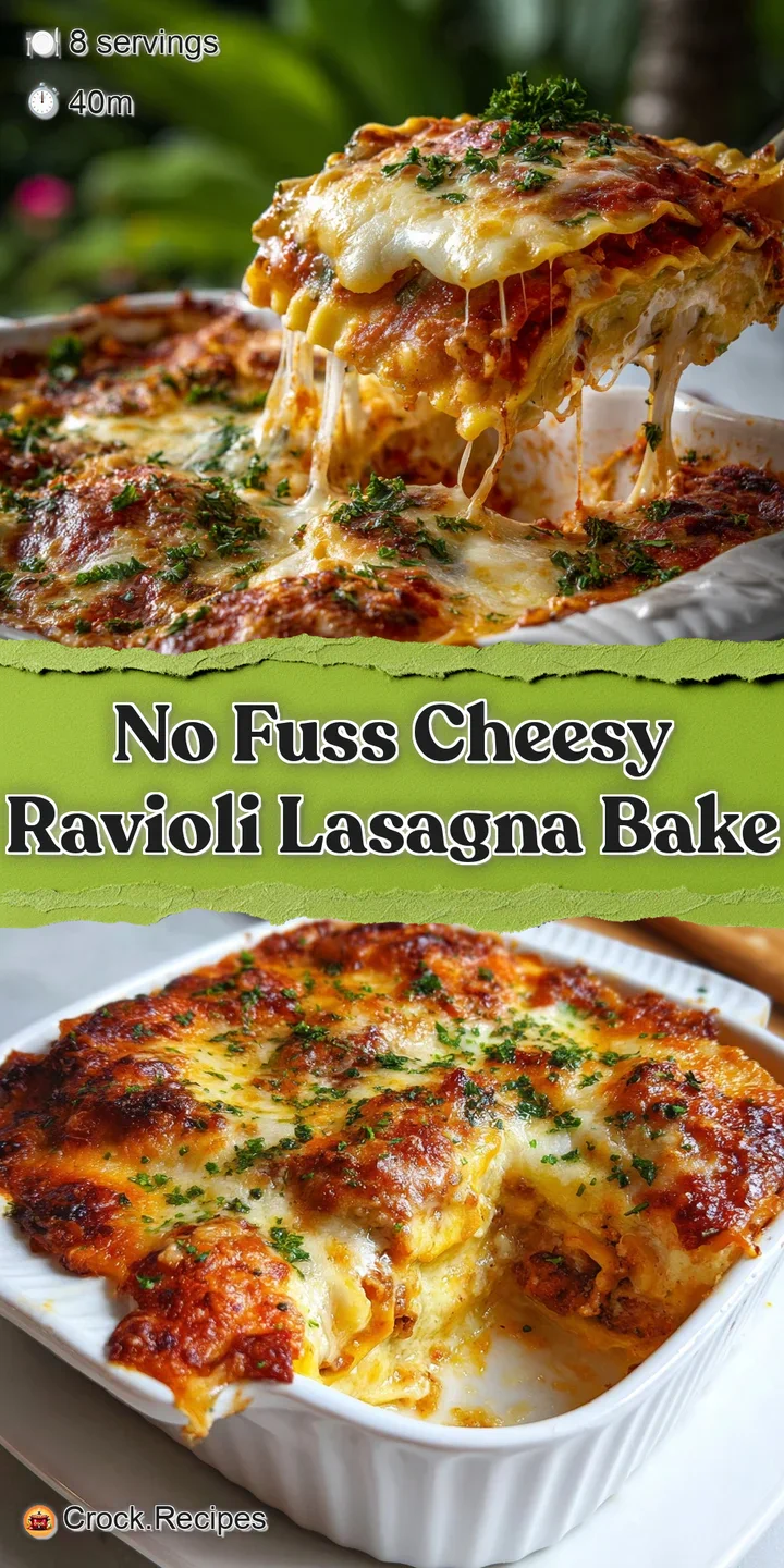 Up-close view of a cheesy ravioli bake, showcasing the layers of pasta, rich marinara, and gooey, melted cheese. Texture a...