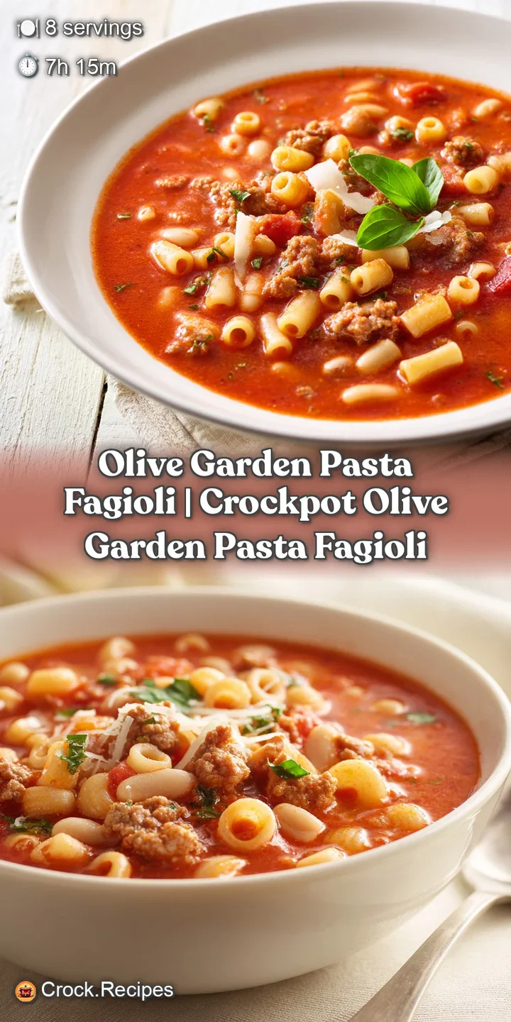 Macro shot of tender ditalini pasta and hearty beans glistening in a rich, savory red broth with herb flecks.
