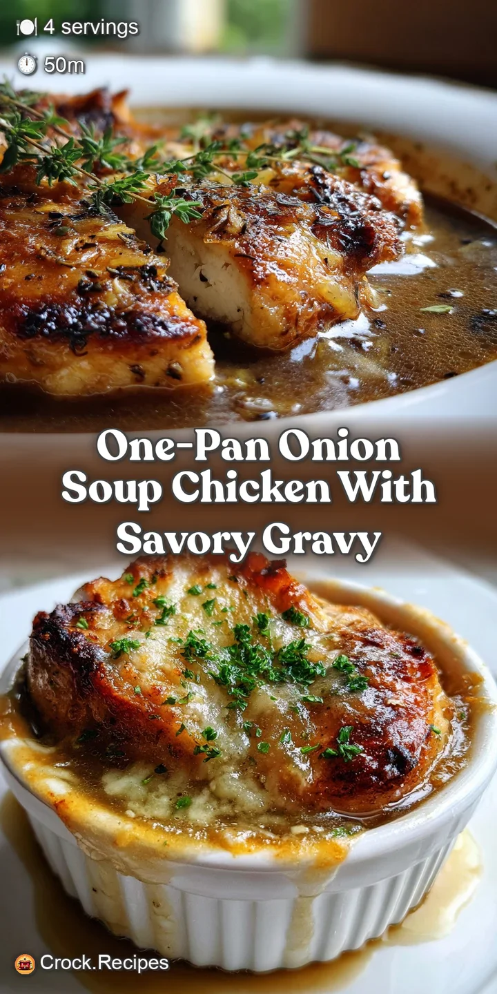 Close-up of glistening chicken skin and soft, caramelized onions swimming in a luscious, savory brown gravy. A tempting s...