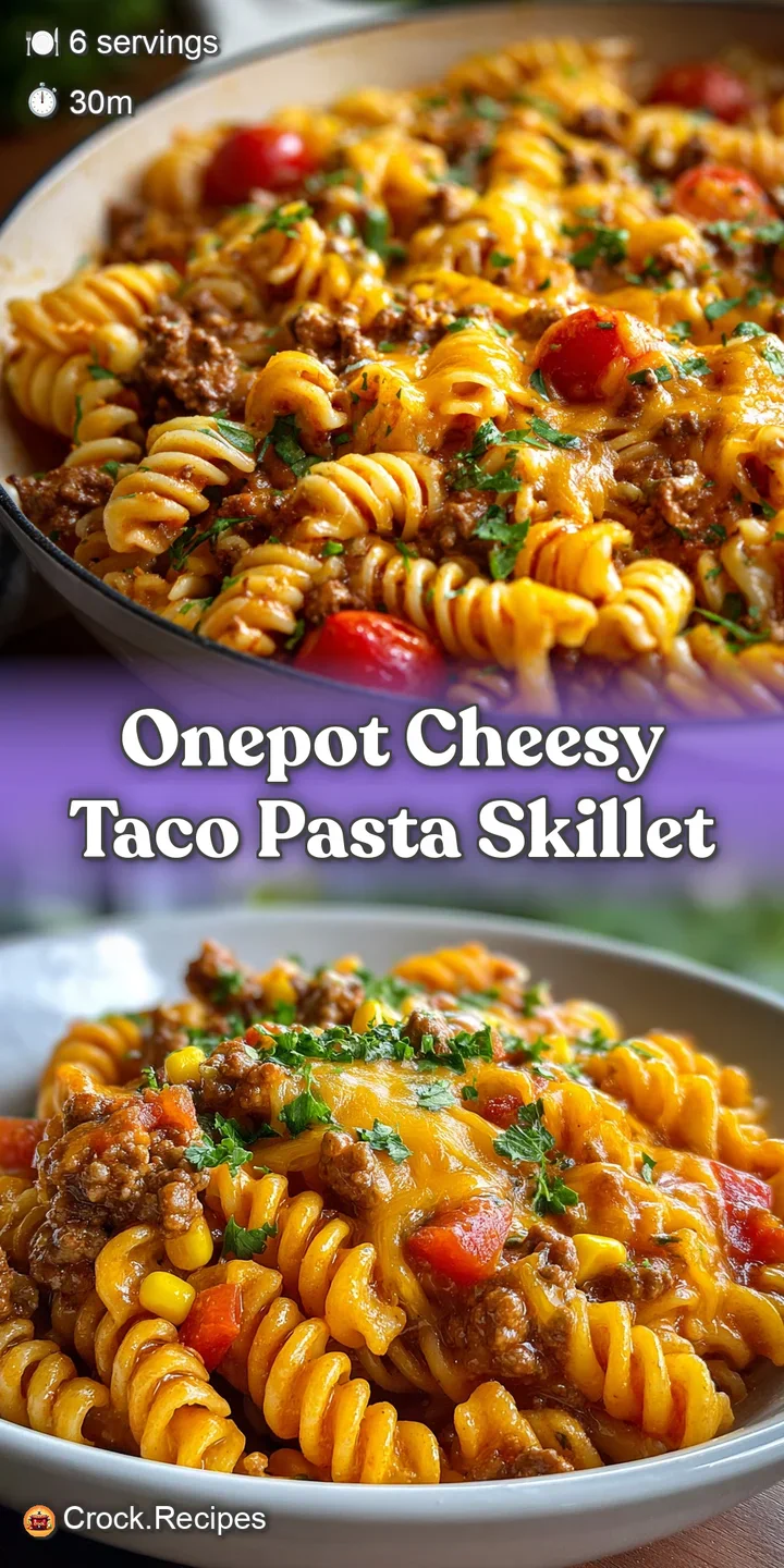 Close-up of the cheesy taco pasta skillet, showcasing the gooey melted cheese and browned ground beef texture with pops of...