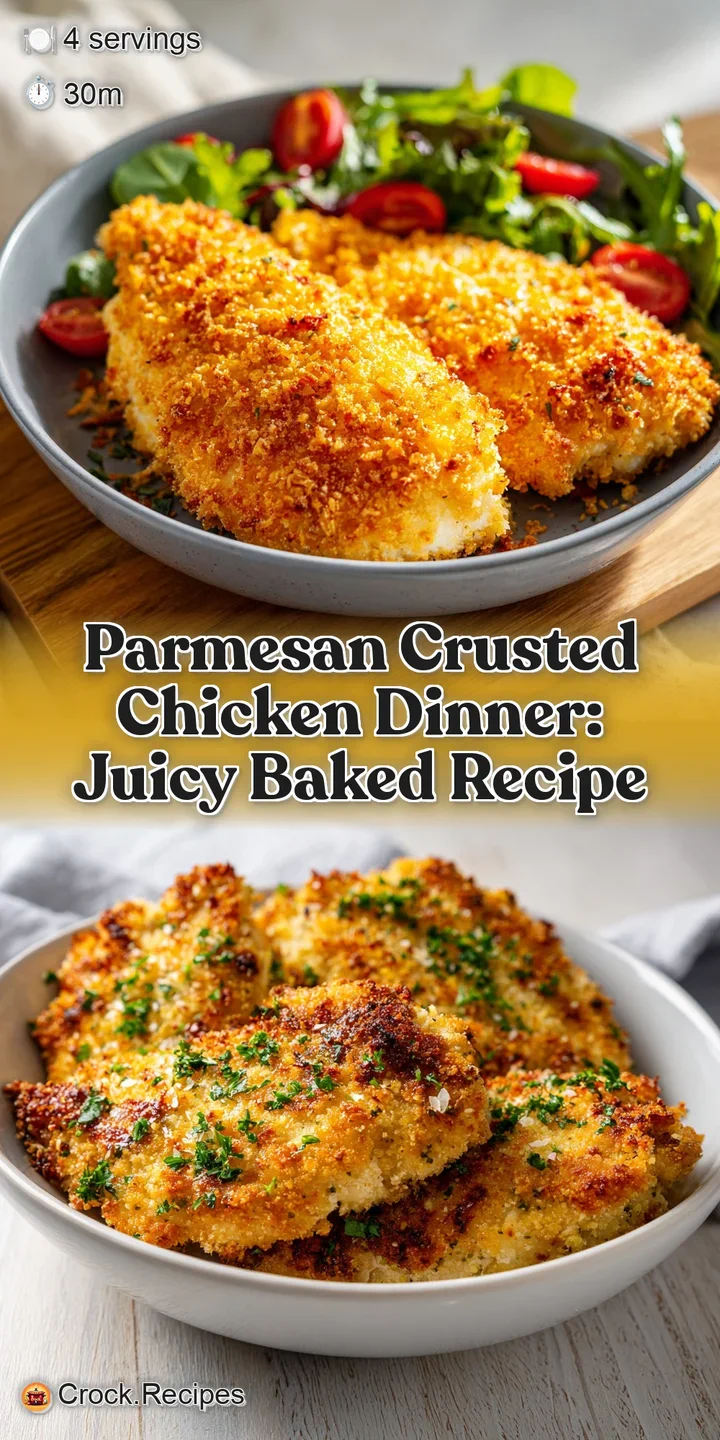 Close-up showcasing the crispy, cheesy parmesan crust of baked chicken, highlighting its juicy texture and golden-brown co...