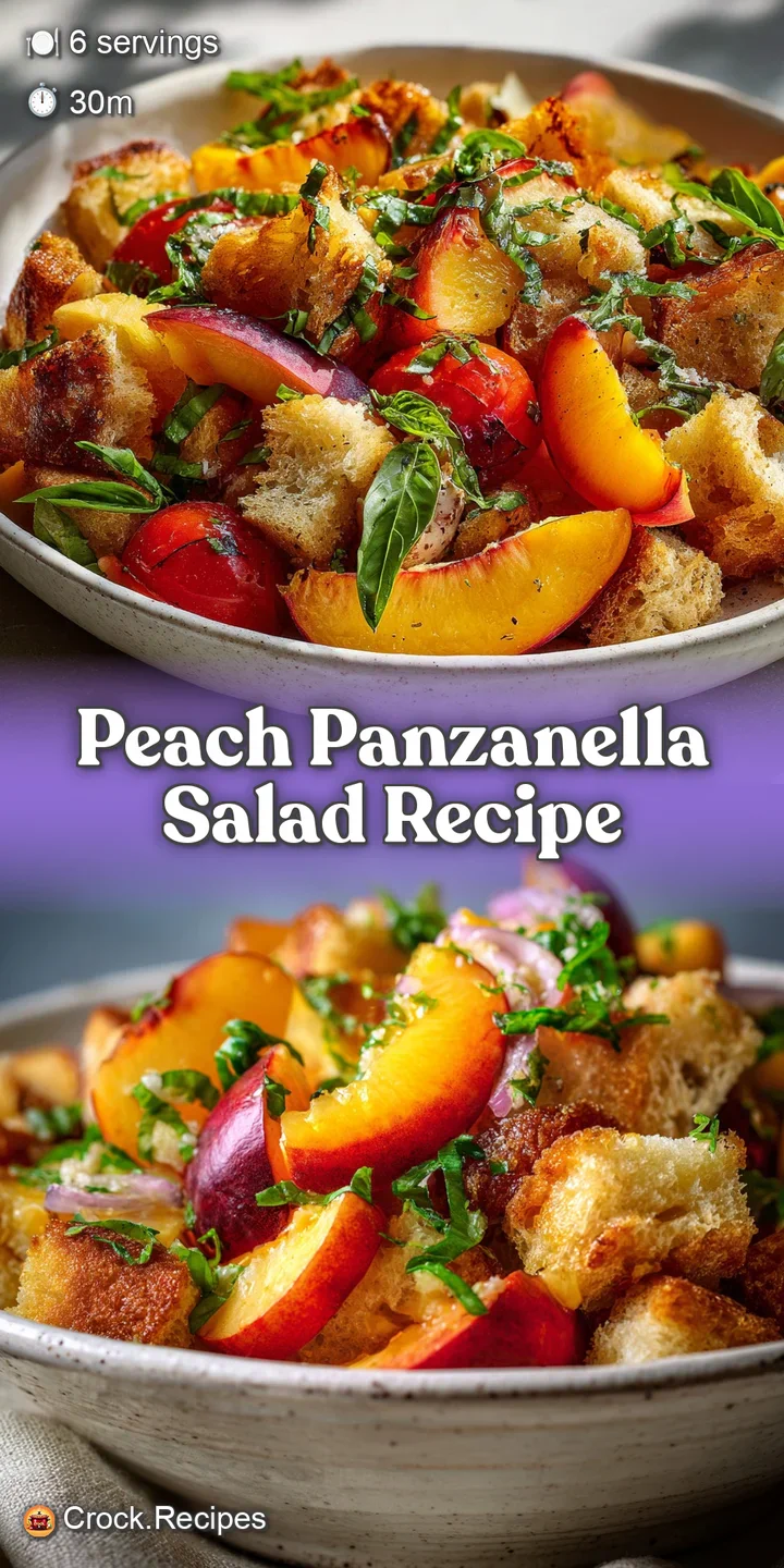 Close-up of a peach panzanella salad showing the juicy peaches, crusty bread and herbs with a glistening vinaigrette dress...