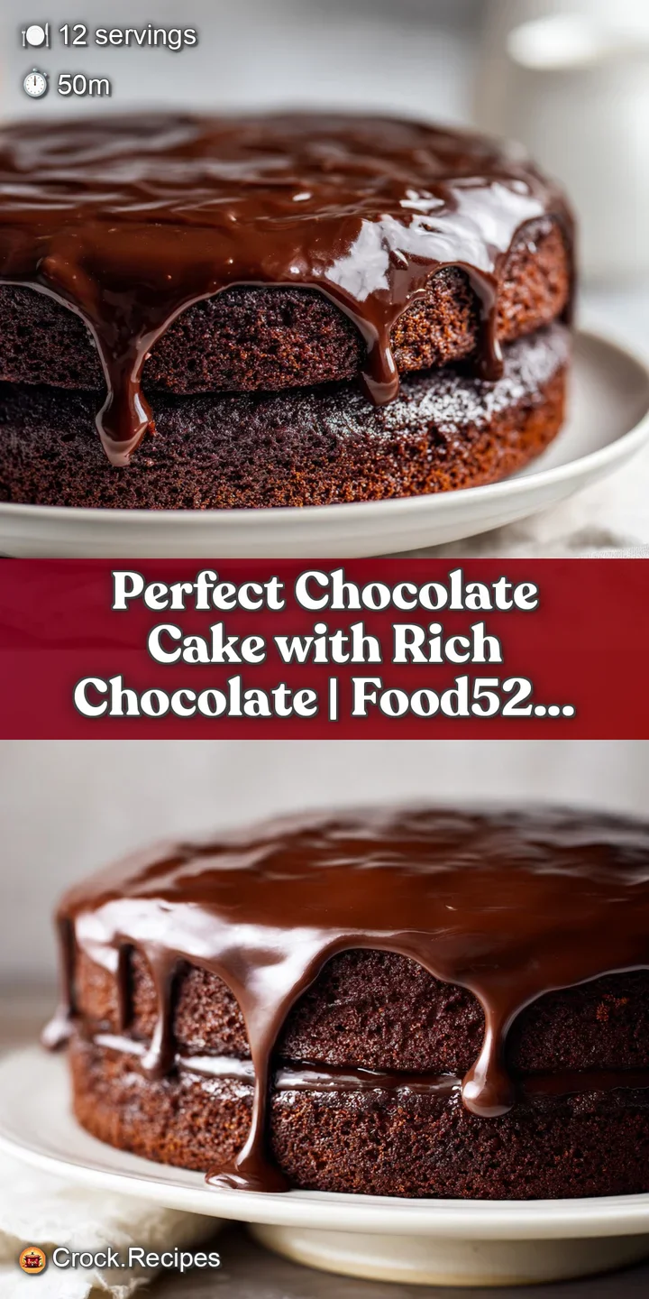 Close-up reveals rich, dark chocolate cake layers with fudge frosting. Swirls of ganache catch the light, promising intens...