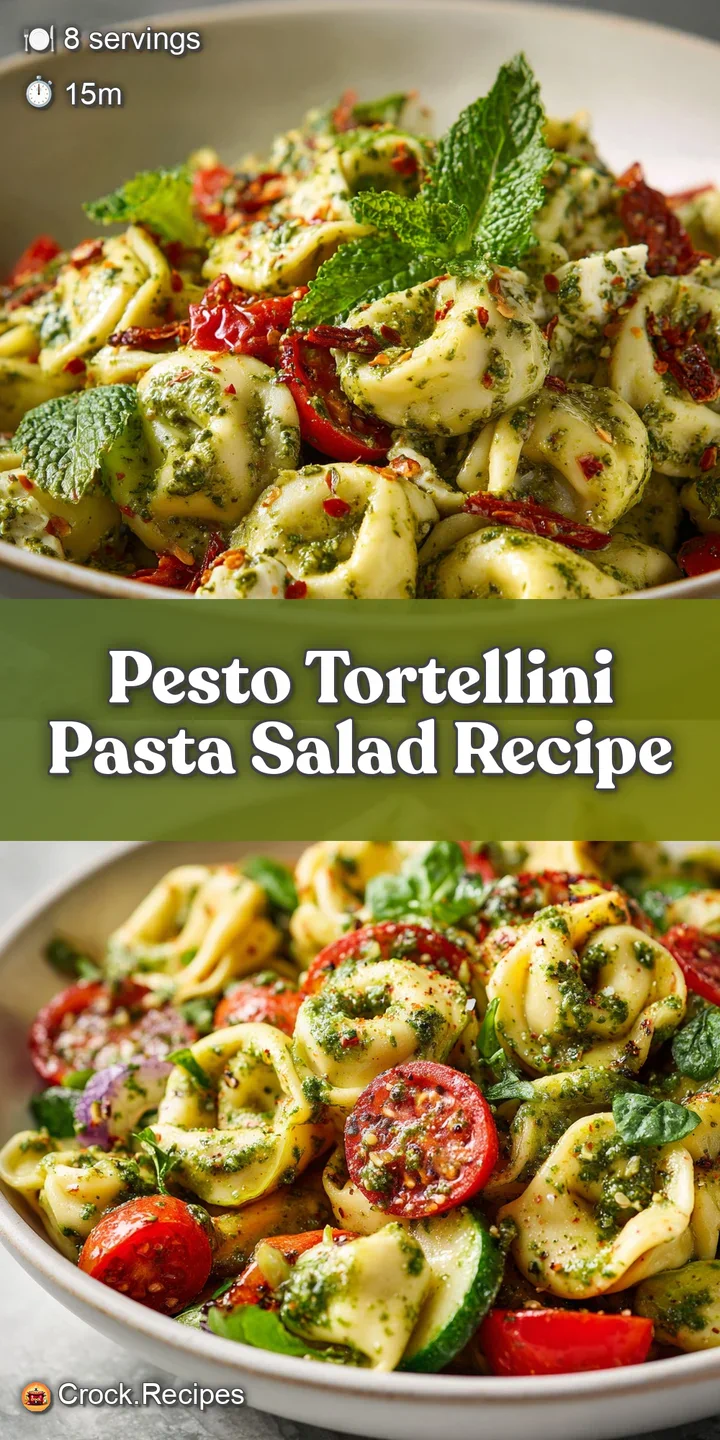 Close-up of glistening pesto clinging to plump tortellini, dotted with juicy red tomatoes and creamy white cheese; an invi...