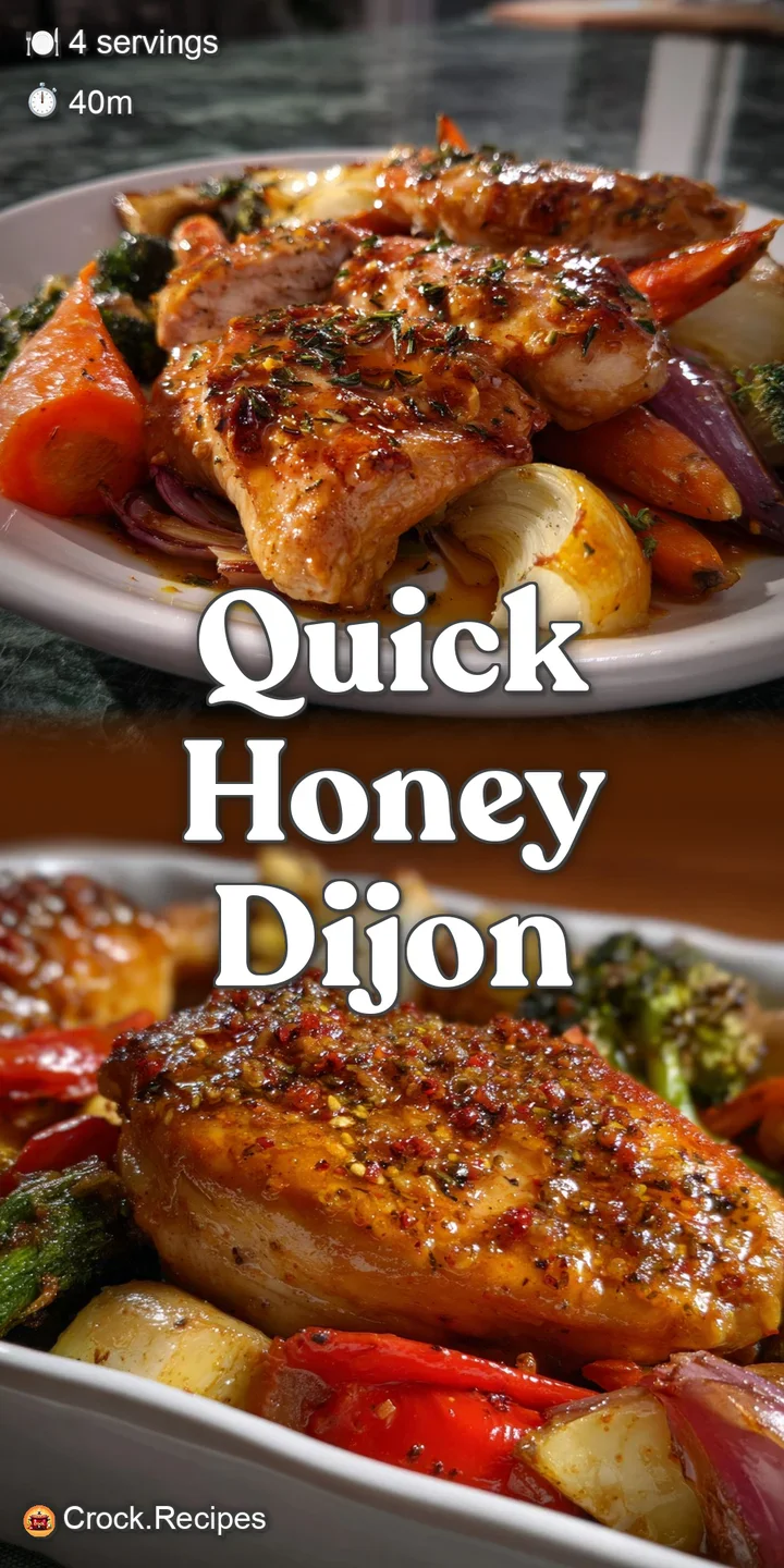 Close-up of tender chicken glistening with honey-dijon glaze, surrounded by perfectly roasted vegetables. The image evokes...