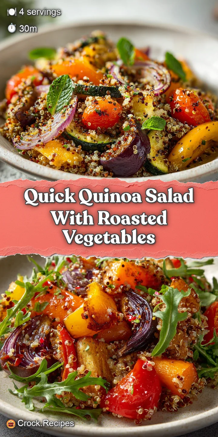 Close-up of fluffy quinoa salad. See the nutty grain texture, tender roasted veggies, and a glossy sheen from the light dr...