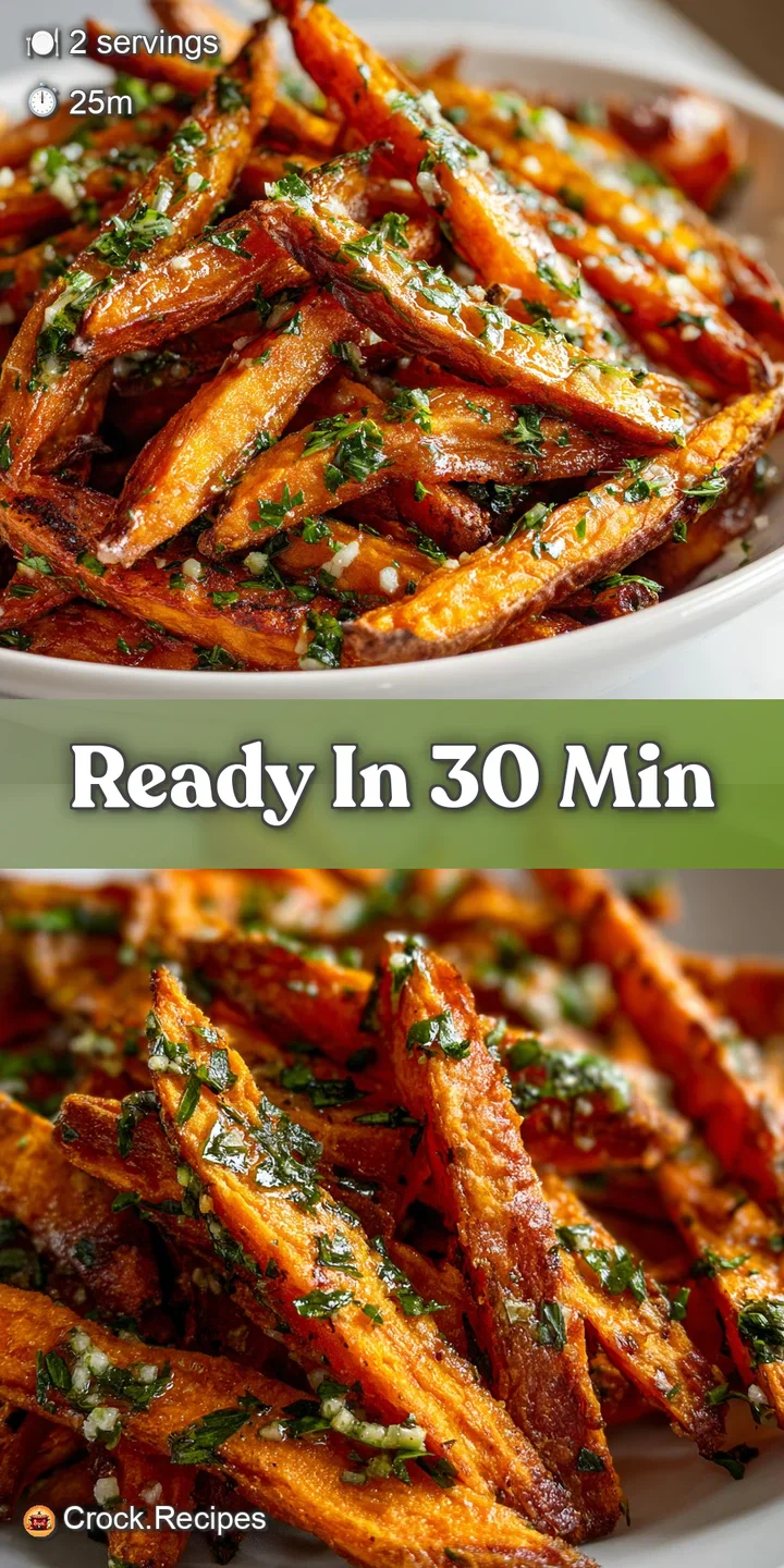 Close-up of perfectly air-fried sweet potato fries, showing crispy edges, vibrant color, and visible garlic and herb seaso...