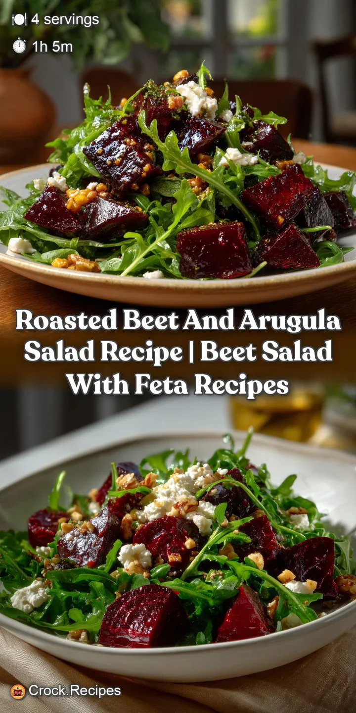 Close-up of tender roasted beets and fresh arugula, glistening with a light vinaigrette, inviting the viewer with a pop of...