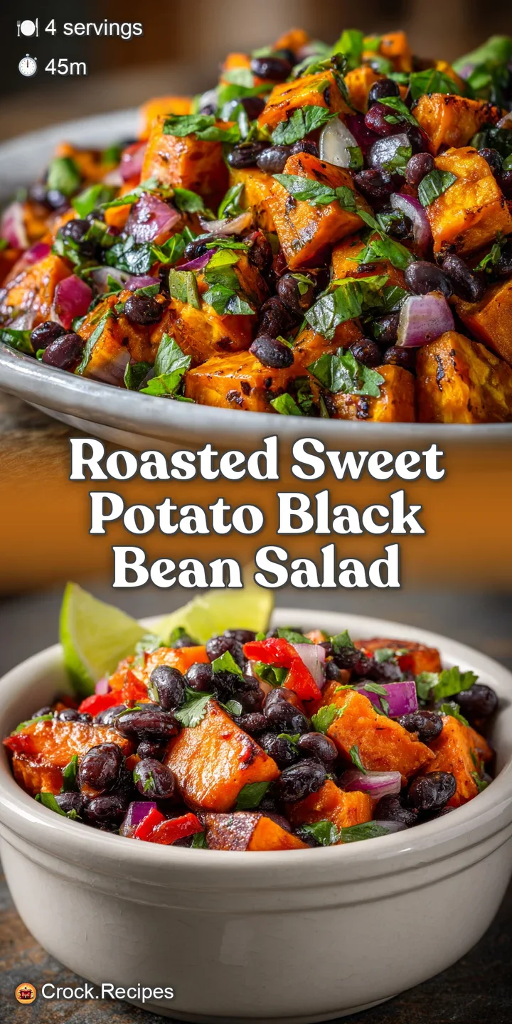 Close-up of glistening roasted sweet potatoes and plump black beans, with creamy dressing clinging to the textures. Fresh,...