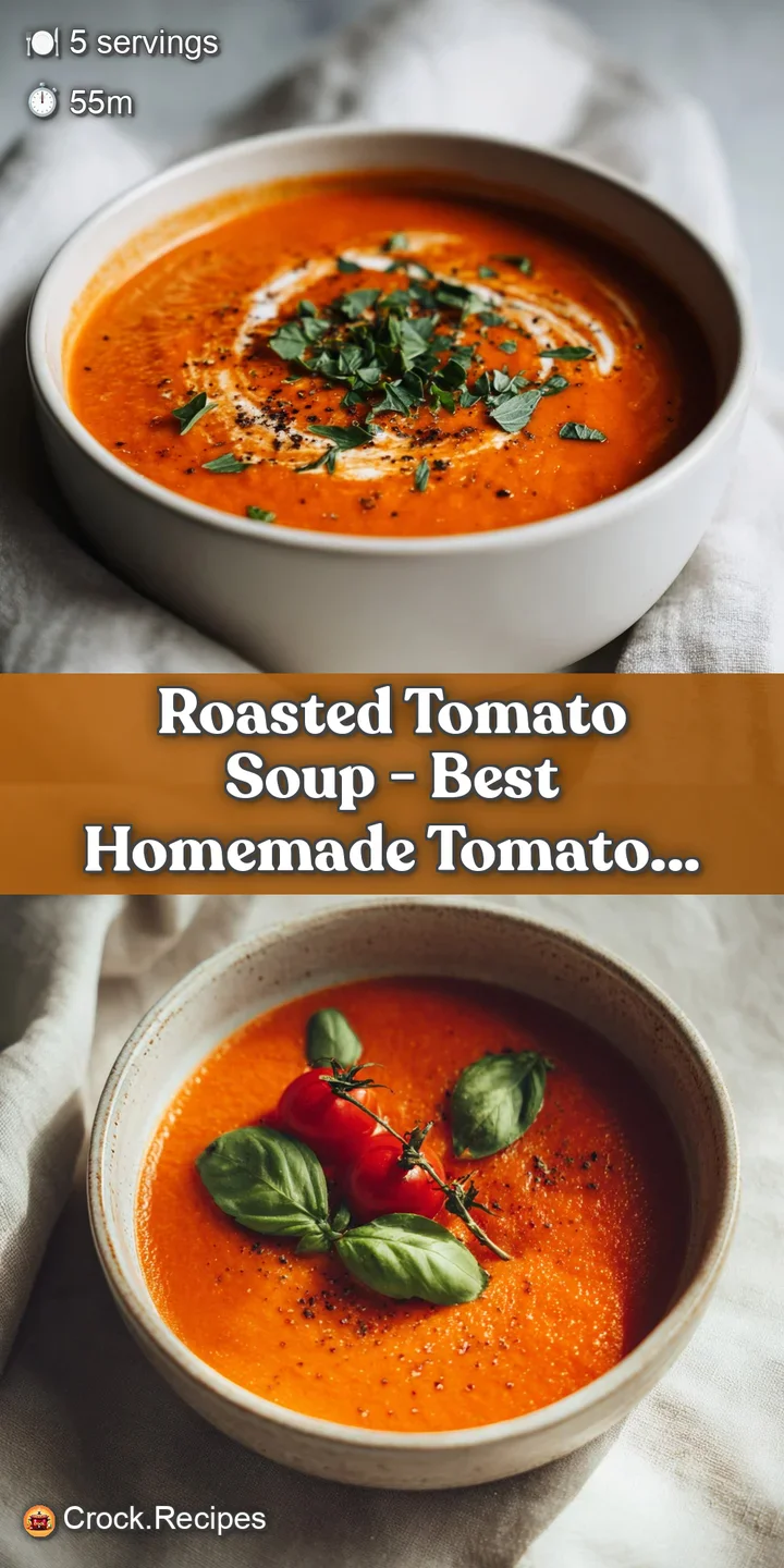 Close-up of a rich, deep red tomato soup with a creamy swirl and a single fresh basil leaf.