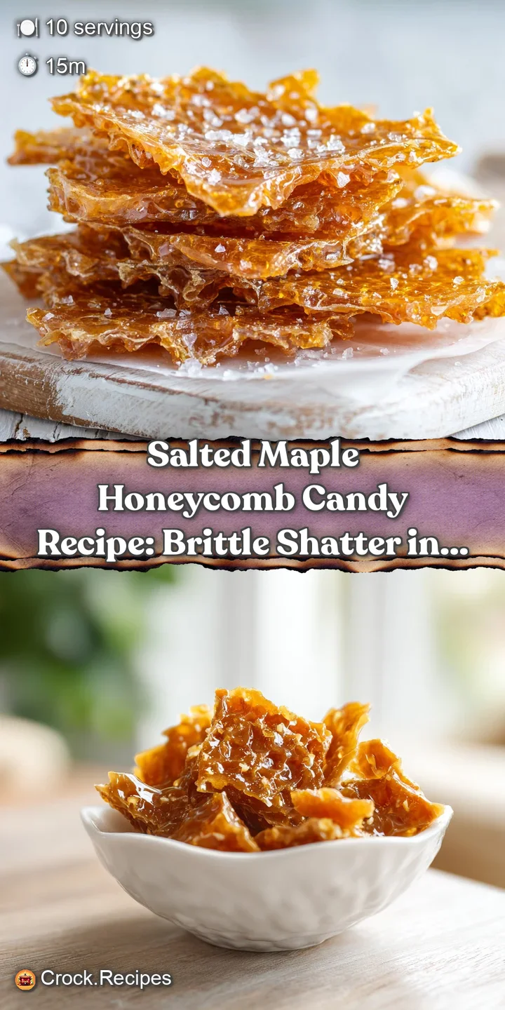 Close-up of crisp, aerated honeycomb. Glistening amber hues catch the light on this sweet, salty confection.