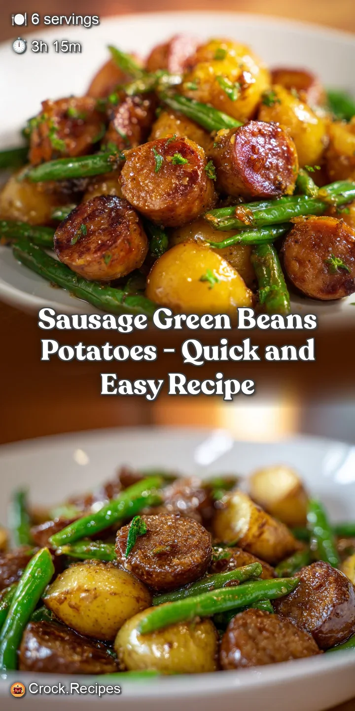 Close-up of glistening browned sausage slices and snappy green beans paired with crispy roasted potato edges.
