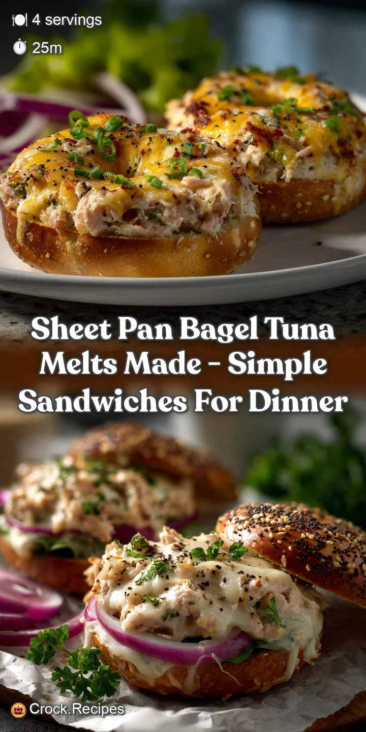 Toasted golden bagel halves topped with melted cheese, glistening tuna, and a sprinkle of herbs; warm and inviting.