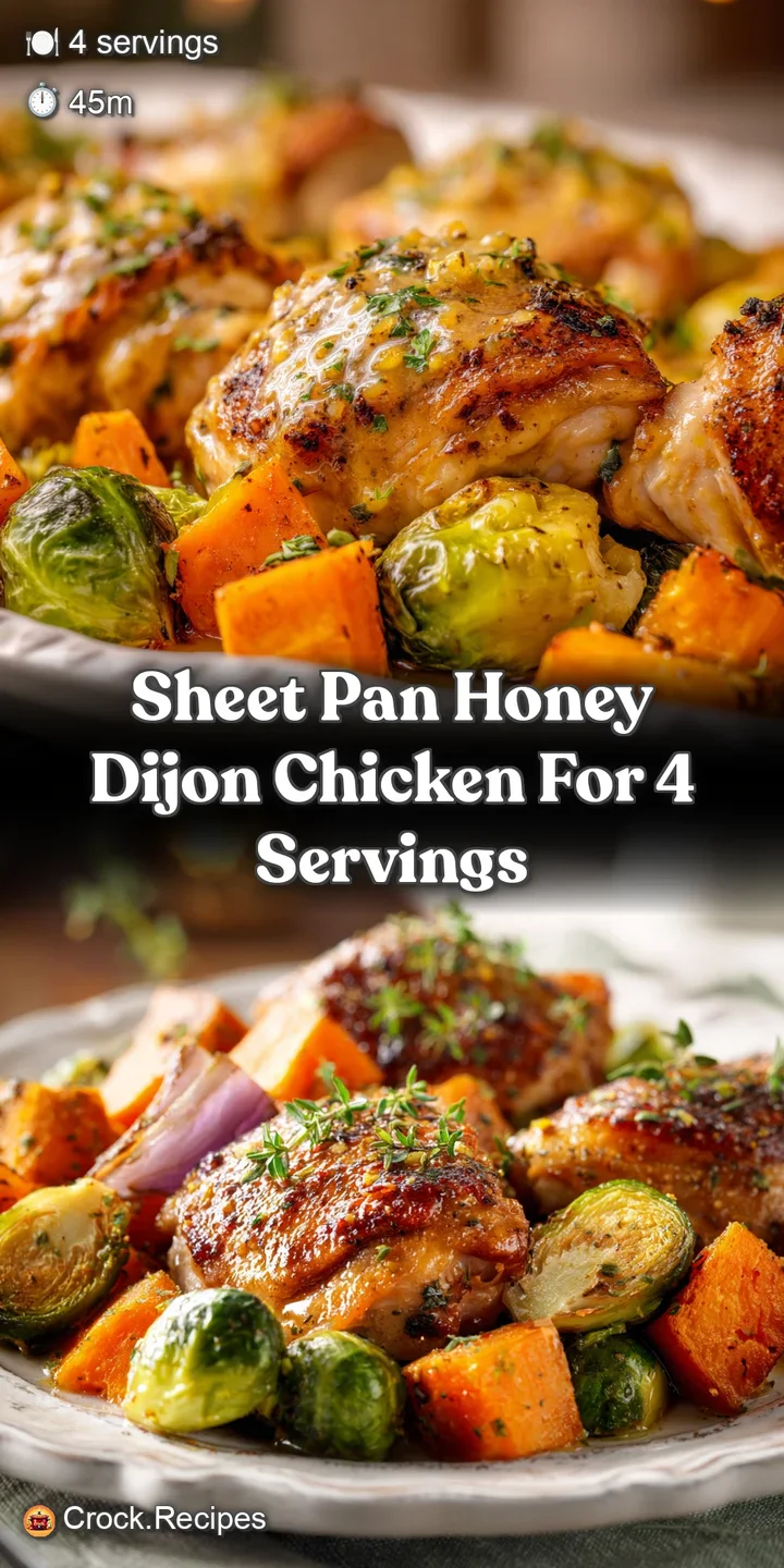 Close-up of sticky, caramelized honey-dijon glaze coating juicy chicken, with a tantalizing glimpse of tender roasted vege...
