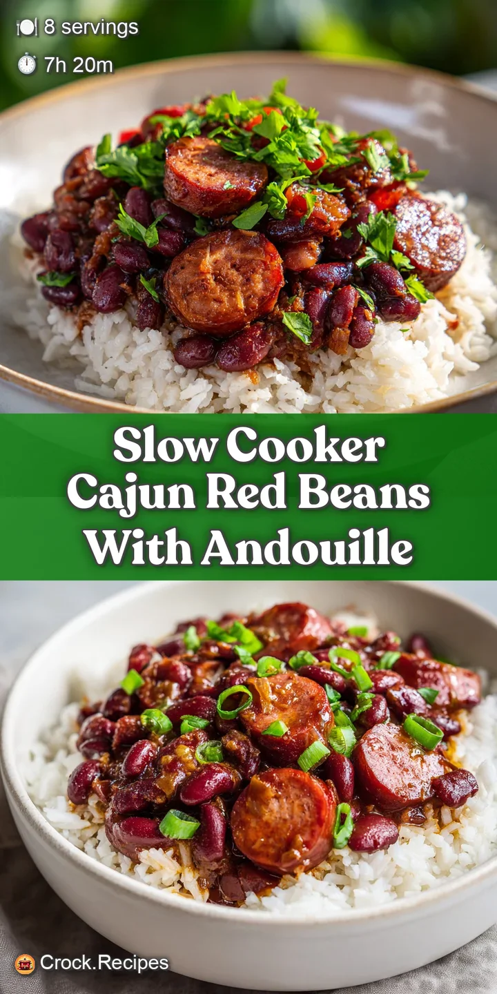 Close-up: glistening, plump red beans and spicy andouille sausage in a thick, flavorful Cajun-style sauce. Rustic and invi...