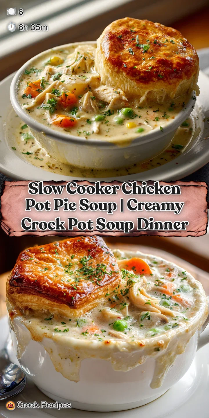 Close-up of silky chicken pot pie soup, revealing chunks of chicken, carrots, and peas in a rich broth.