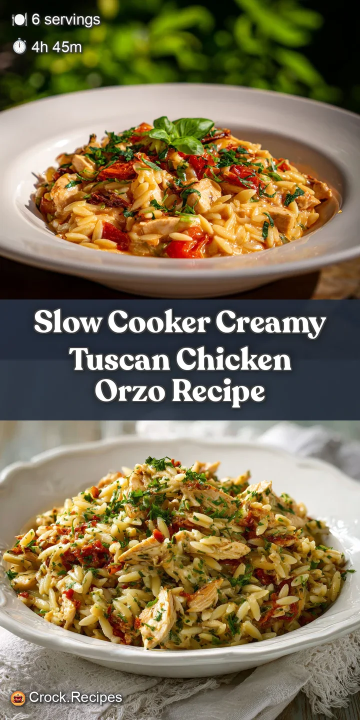 Close-up of creamy orzo with tender chicken and sun-dried tomatoes, showcasing a rich, flavorful sauce and inviting texture.