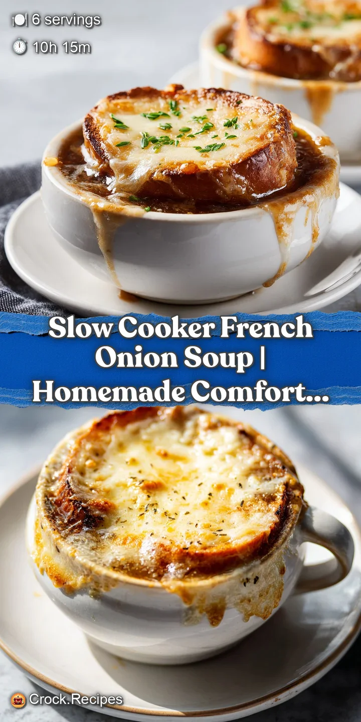 Close-up of a thick, golden cheese blanket over steaming French onion soup.