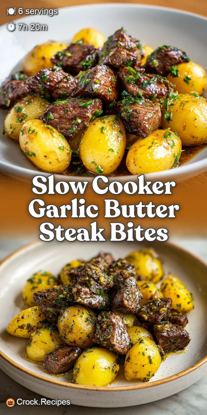 Close-up of juicy, glistening steak bites in a rich garlic butter sauce, showing textures of browned meat and fresh herbs.