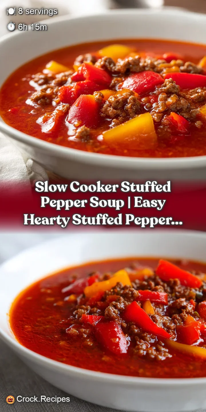 Close-up of tender beef chunks and soft red bell peppers simmering in a thick, glossy tomato-based vegetable broth.