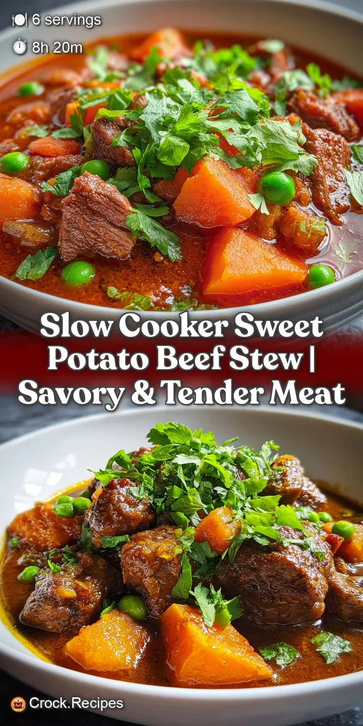 Close-up of fork-tender beef and sweet potatoes, glistening in a flavorful, dark broth. Textures of the stew look rich and...