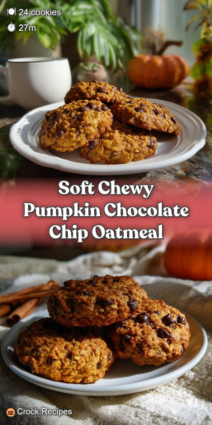 Close-up of a soft, chewy pumpkin oatmeal cookie, highlighting the melted chocolate chips, soft texture, and warm, invitin...