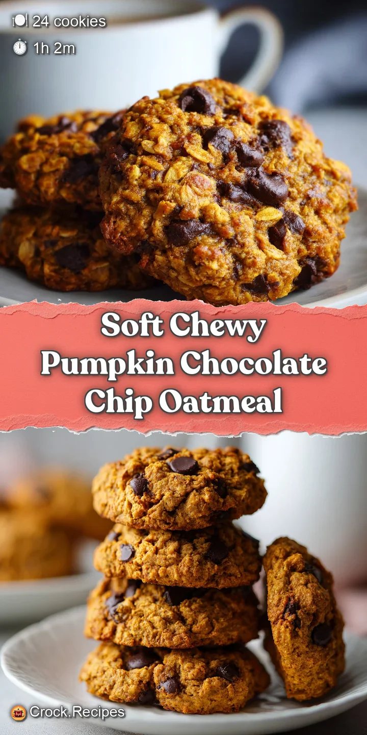 Close-up of a chewy pumpkin oatmeal cookie, showcasing melted chocolate chips and a slightly cracked, soft surface, baked ...