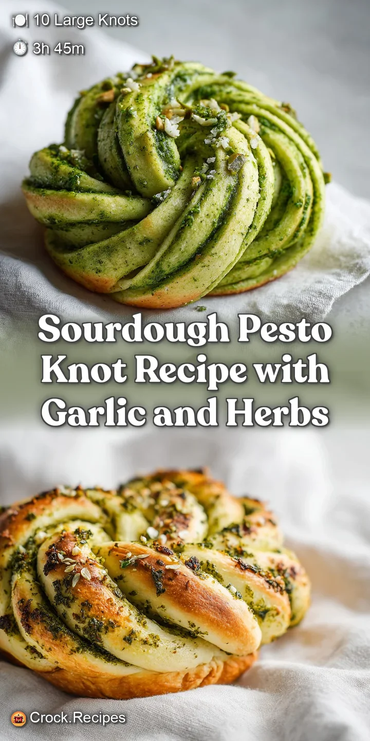 Close-up of a sourdough knot, oozing green pesto, bits of garlic and herbs, golden and crusty, ready to eat.