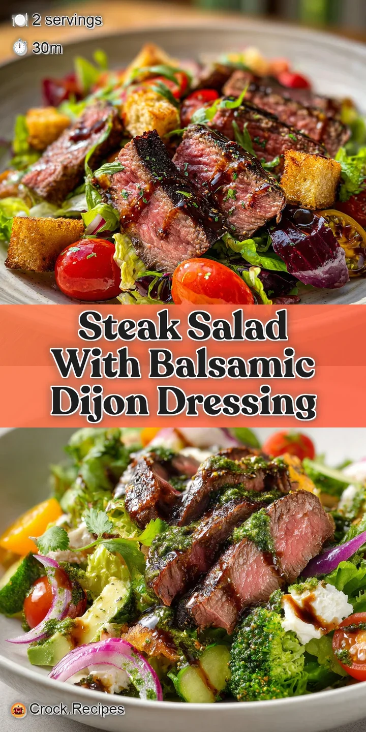 Close-up of a steak salad showcasing seared steak, fresh greens, and a glistening balsamic Dijon dressing. A truly appetiz...
