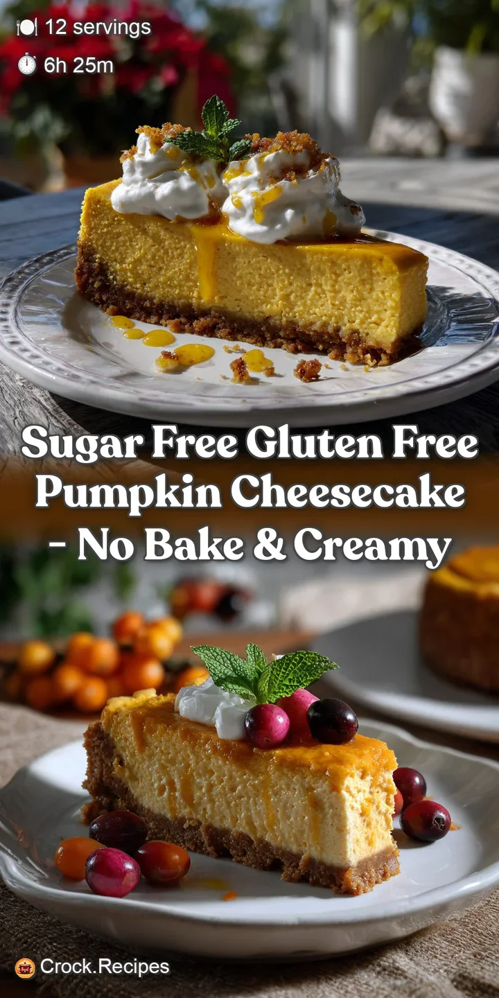 Smooth, creamy pumpkin cheesecake with a spiced, crumbly crust, garnished with a swirl of whipped cream and a dusting of c...