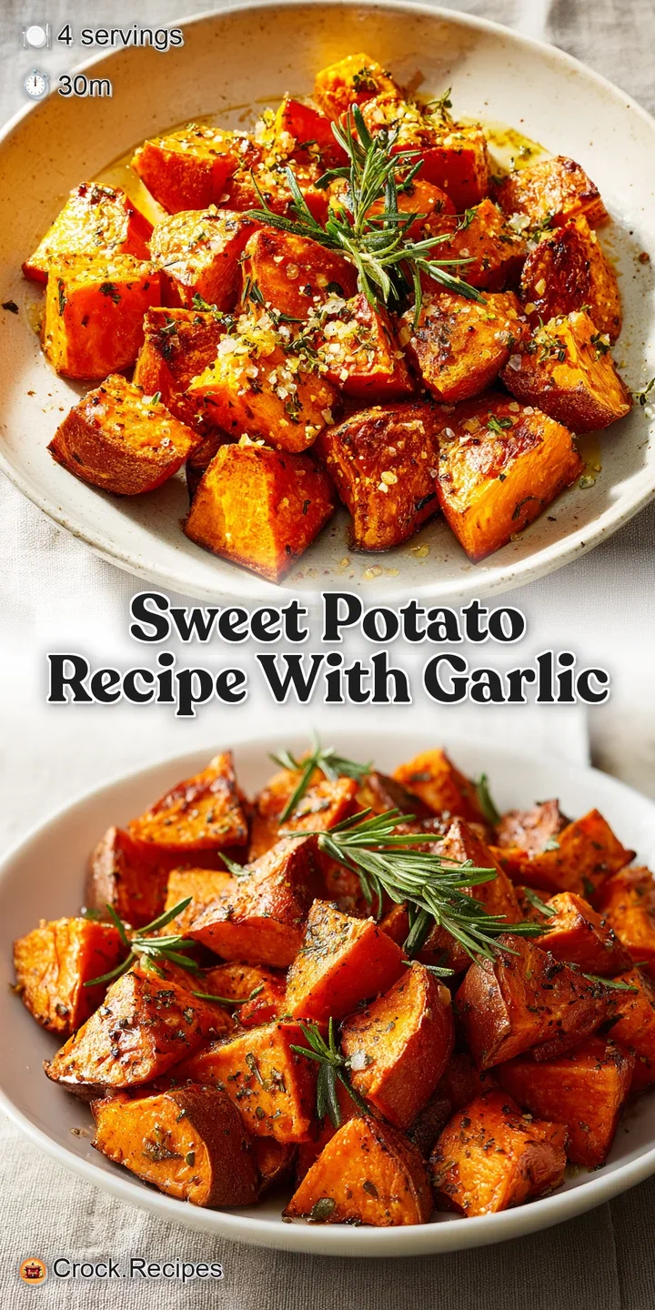 Close-up reveals the soft, yielding texture and slightly charred edges of a sweet potato, dotted with roasted garlic and r...