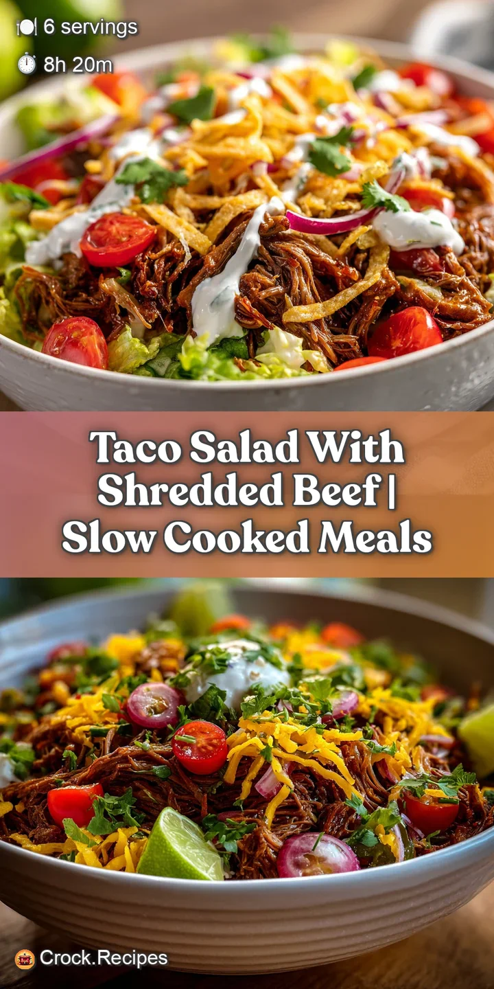 Close-up of juicy, seasoned beef in a taco salad, highlighting textures and fresh ingredients. Hints of creamy dressing vi...