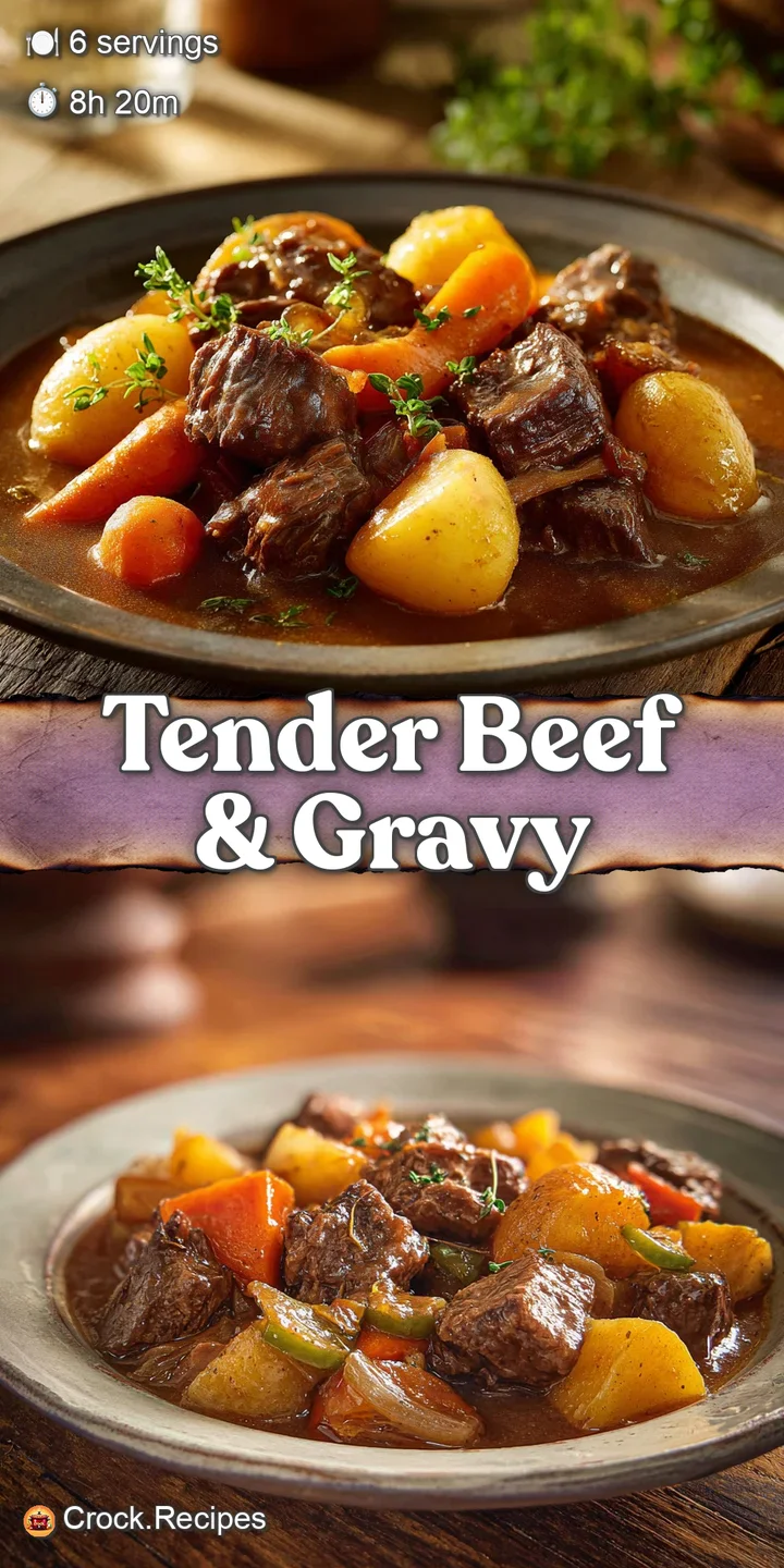 Close-up reveals glistening beef and soft carrots swimming in a deep, savory sauce; home-style crock pot perfection.