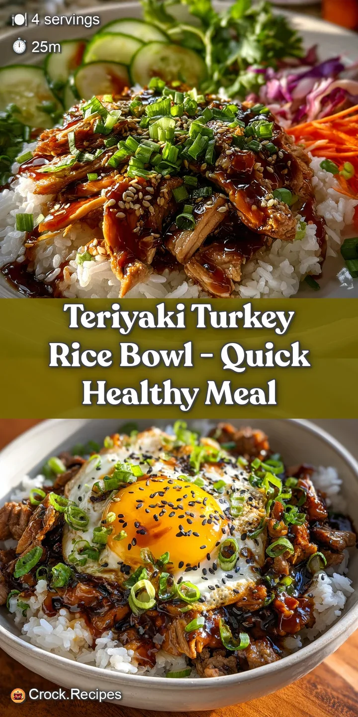 Close-up of tender, glazed teriyaki turkey pieces nestled in fluffy rice, highlighting the rich colors and appetizing text...